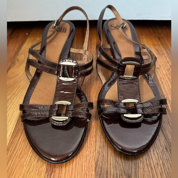 Sofft Shoes - Sofft Brown Patent Leather Slingback Wedge Sandals With Gold Hardware
